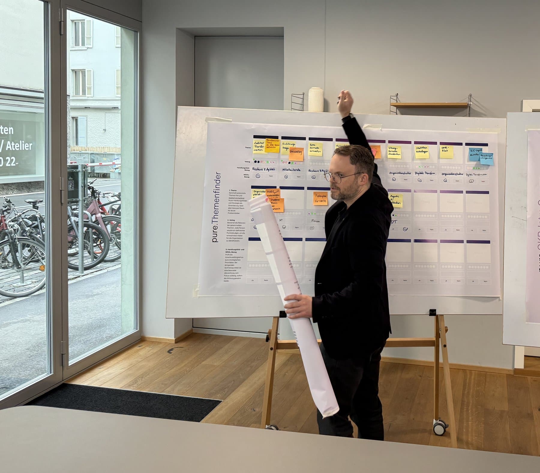 Workshop bei The Orbit: Moderation an der Board-Wand mit Plakaten und Post-its, links die Fensterfront zur Strasse
